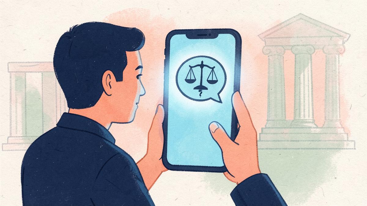 AI legal advice and chatbot legal help: person using a smartphone chatbot with legal scales symbol