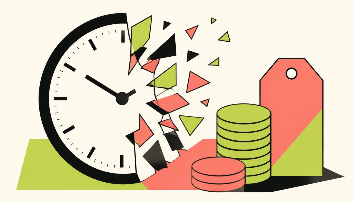 Illustration of a shattering clock face beside coins and a price tag, showing UK law firms shifting from the billable hour to fixed fees and alternative pricing