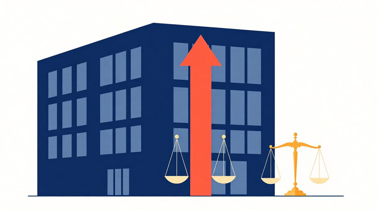Burges Salmon Bristol law firm financial results illustration showing a navy office building with upward revenue arrow and scales of justice, representing legal sector news and UK law firm revenue growth