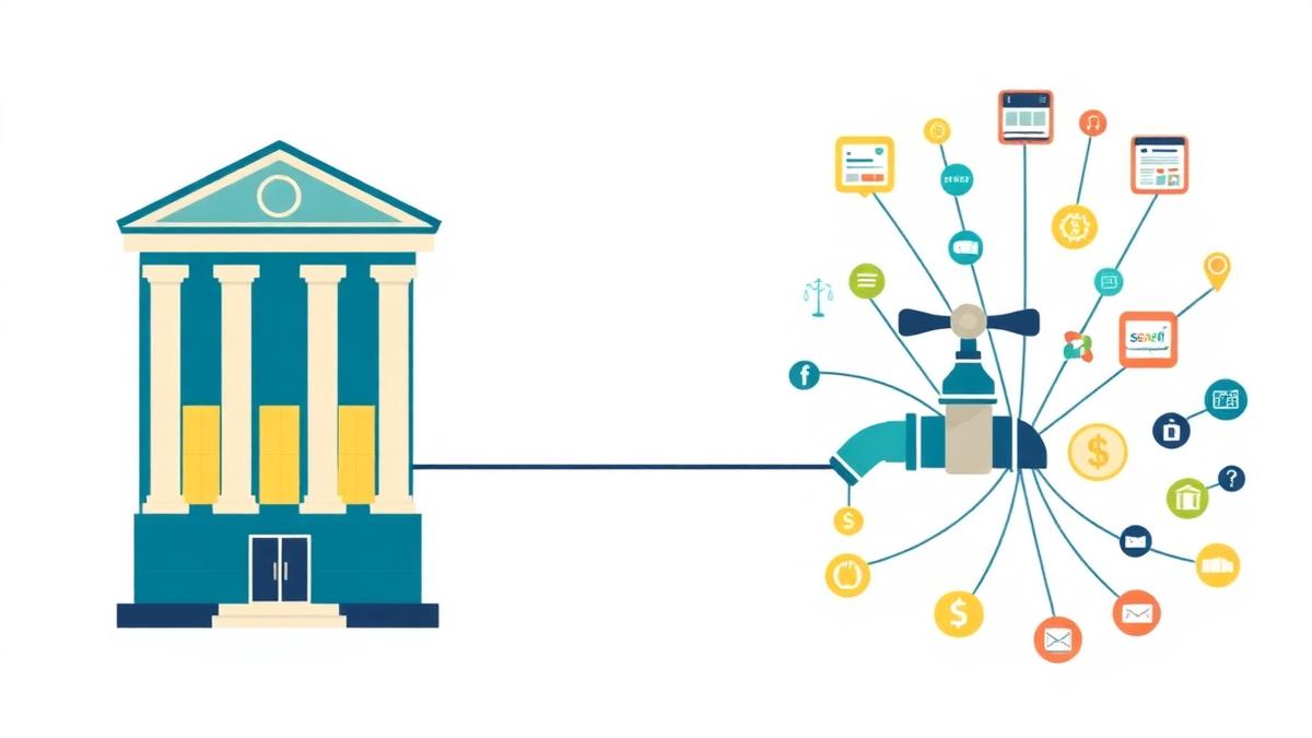 Illustration contrasting a law firm dependent on a single paid referral tap with its own law firm marketing channels of SEO, content and PPC