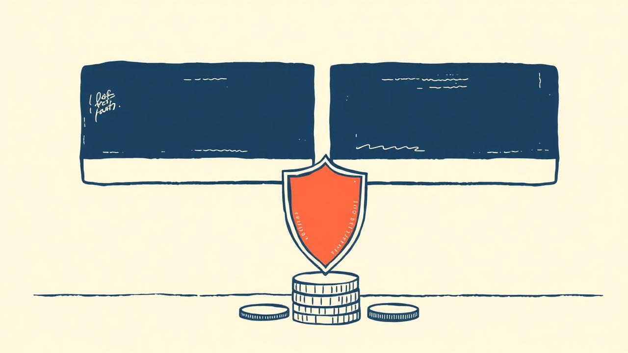 Illustration of two separated office nameplates with a compliance shield and coins, representing new COLP and COFA separation rules for law firms