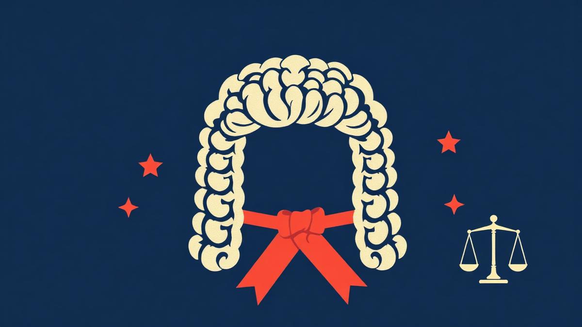 Illustration of a criminal barrister wig with a coral ribbon, scales of justice and stars on a navy background, representing new criminal legal aid pupillage funding