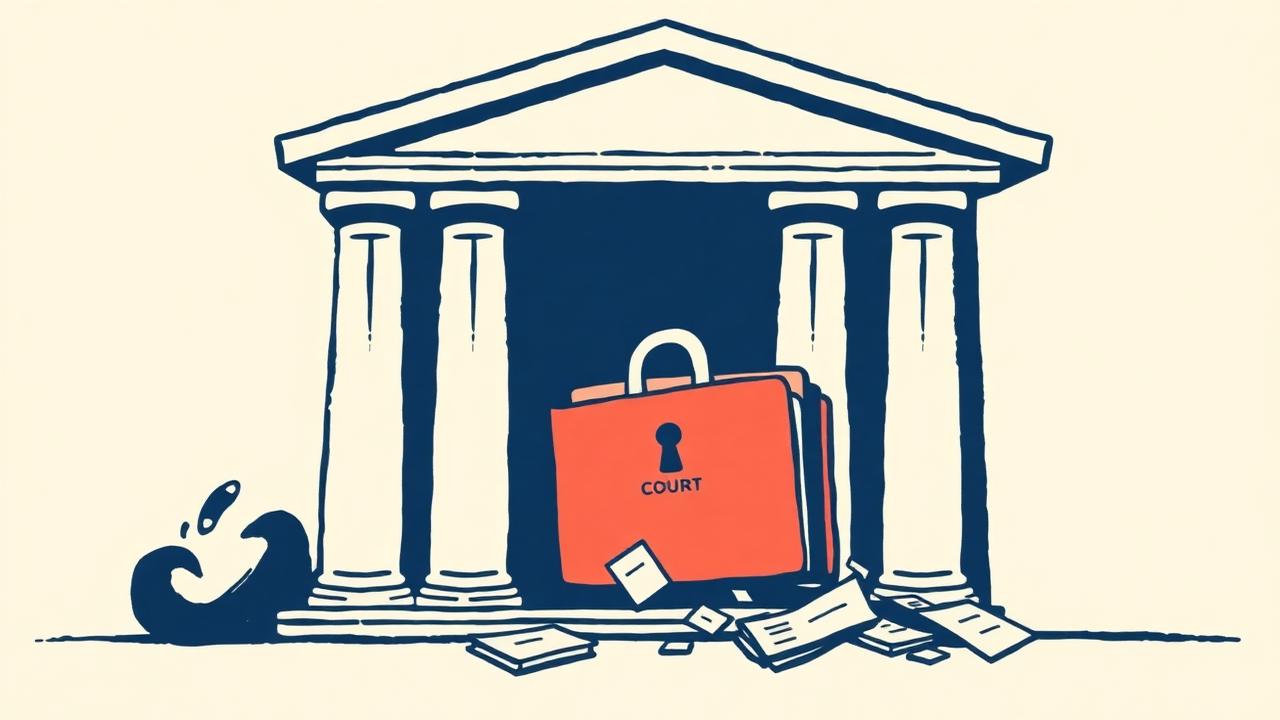 Illustration of a courthouse with a padlocked data file and scattered documents, representing the Court of Appeal data protection ruling against DWF Law