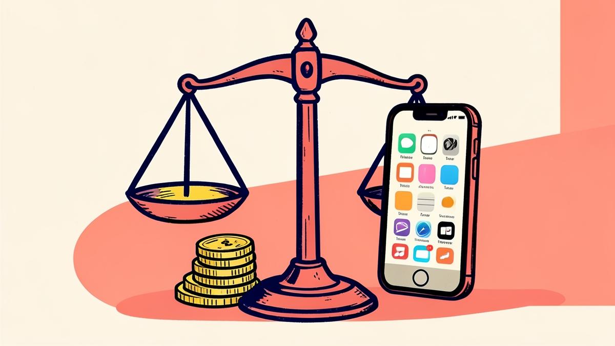 Scales of justice with smartphone app store and gold coins illustrating Google settlement litigation funding case at Competition Appeal Tribunal