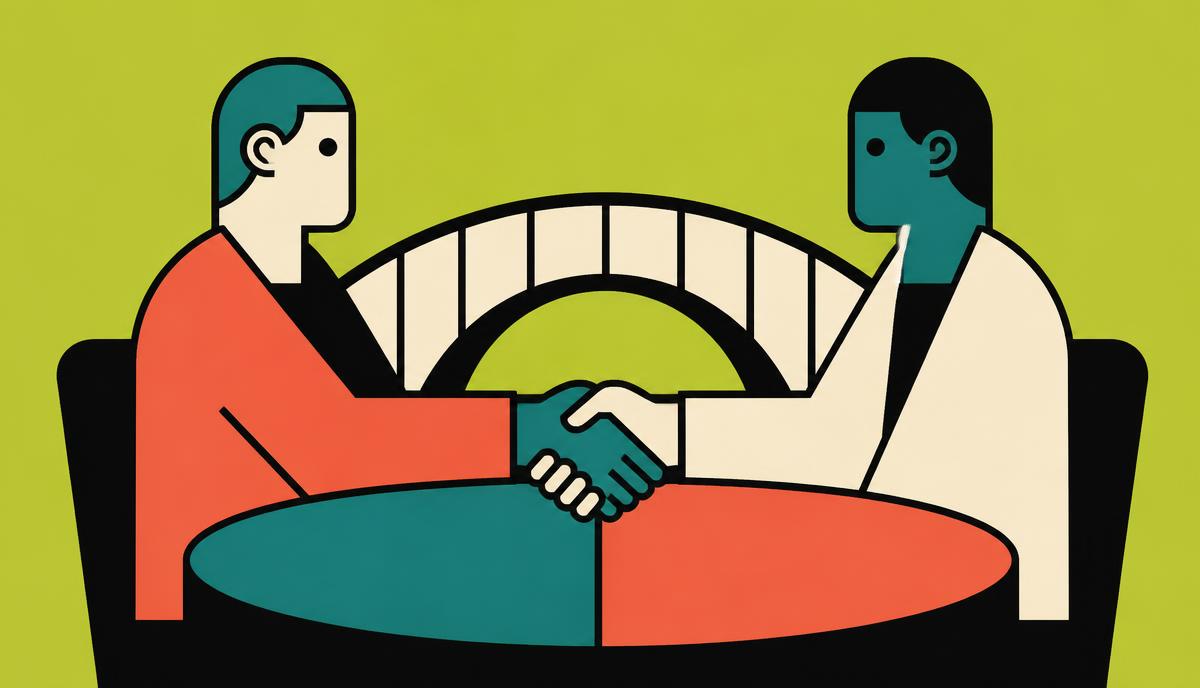 Illustration of two parties shaking hands across a mediation table, marking the death of CEDR founder and commercial mediation pioneer Karl Mackie