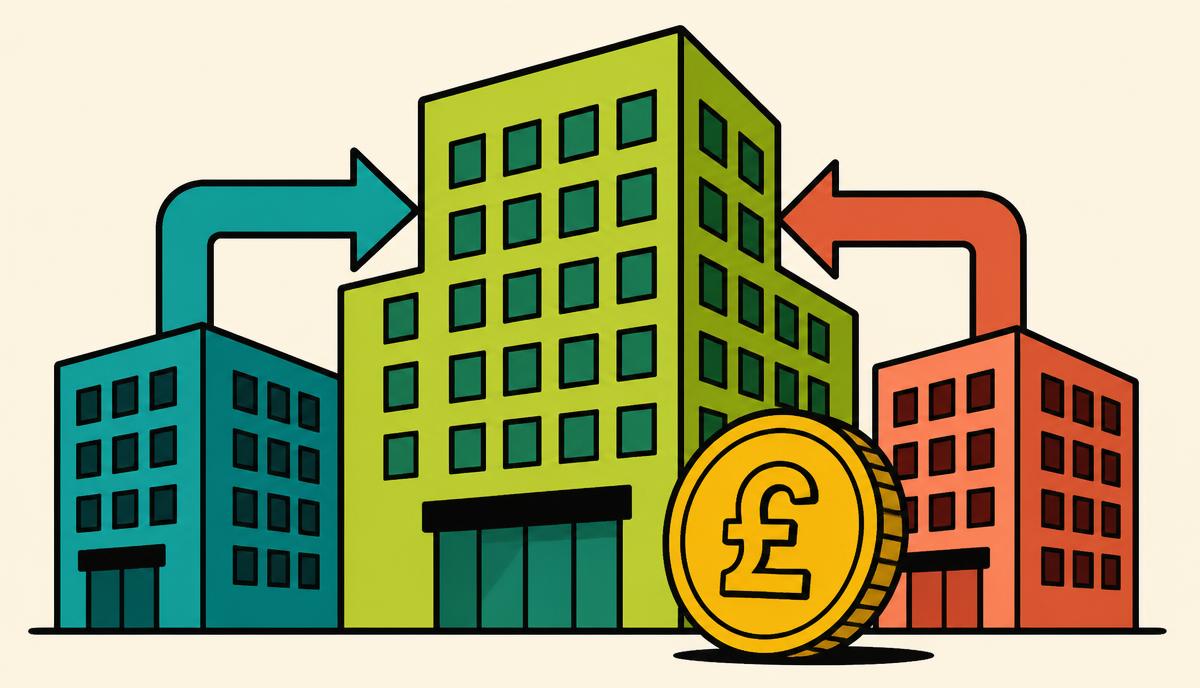 Illustration of a law firm acquisition: two smaller offices merging into a larger practice alongside a pound sterling coin