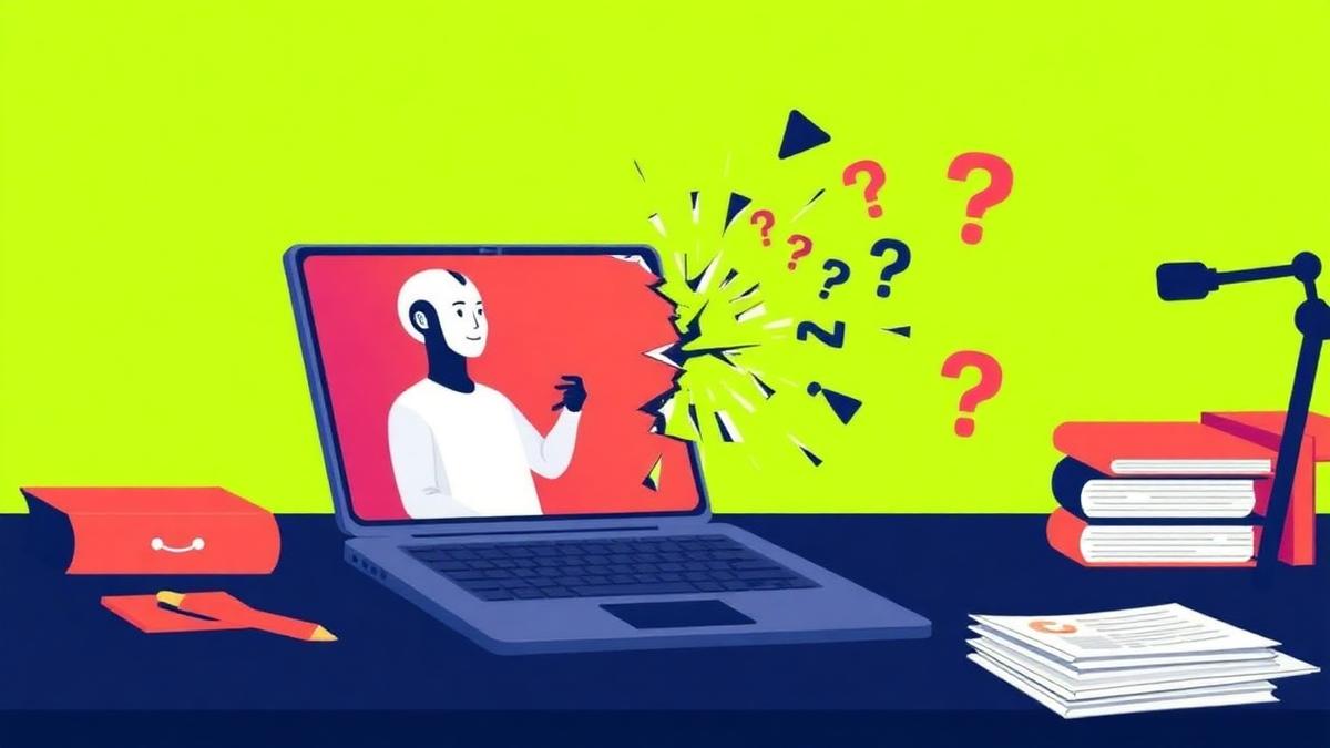 Laptop screen with a confident AI figure cracking into question marks, illustrating lawyer concerns over AI accuracy and hallucinations in legal work