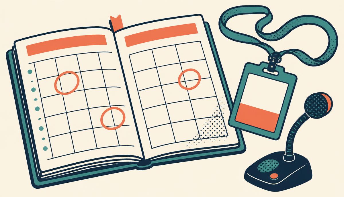 Screenprint illustration of an open diary with circled dates, a conference lanyard badge and a microphone, representing the UK legal events diary for 2026 and 2027
