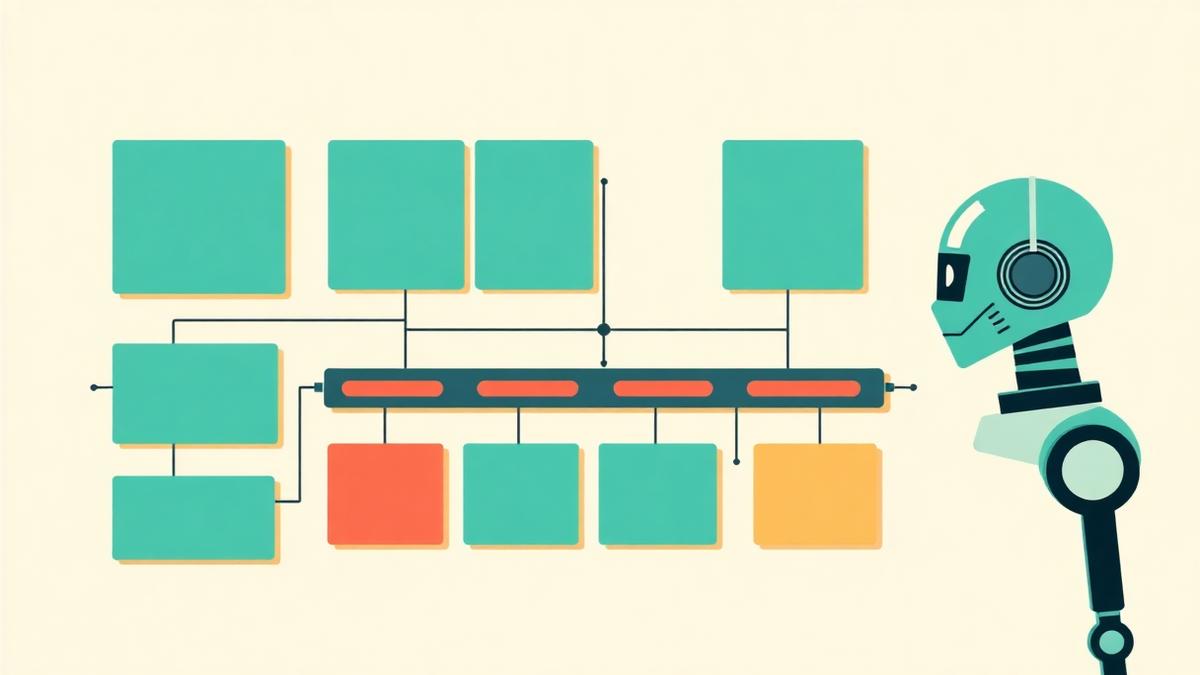 Illustration of a legal matter workflow board wired into AI assistants, representing legal project management software