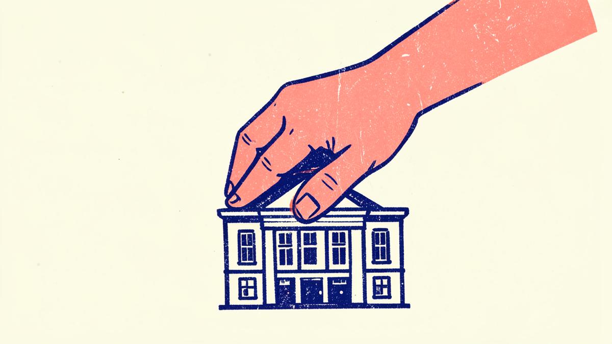 Illustration of a large hand pressing down on a small institutional building, representing Legal Services Board enforcement action against the SRA