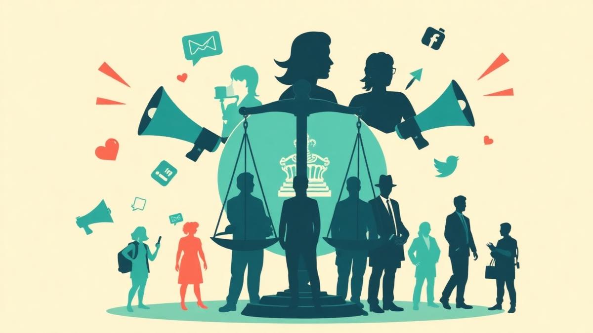 Social media influencers and content creators with megaphones gathered around Ministry of Justice scales, representing paid government campaign marketing and transparency debate