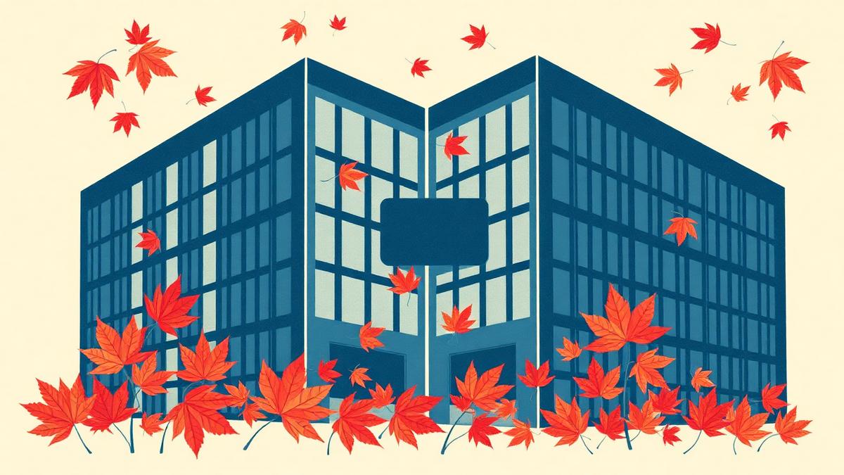 Autumn law firm merger rush illustration showing two office buildings joining like jigsaw puzzle pieces with falling maple leaves, representing UK legal market consolidation and private equity law firms growth
