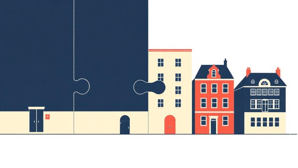 Illustration of law firm office buildings fitting together like jigsaw pieces, representing the Orwins Group acquisition strategy