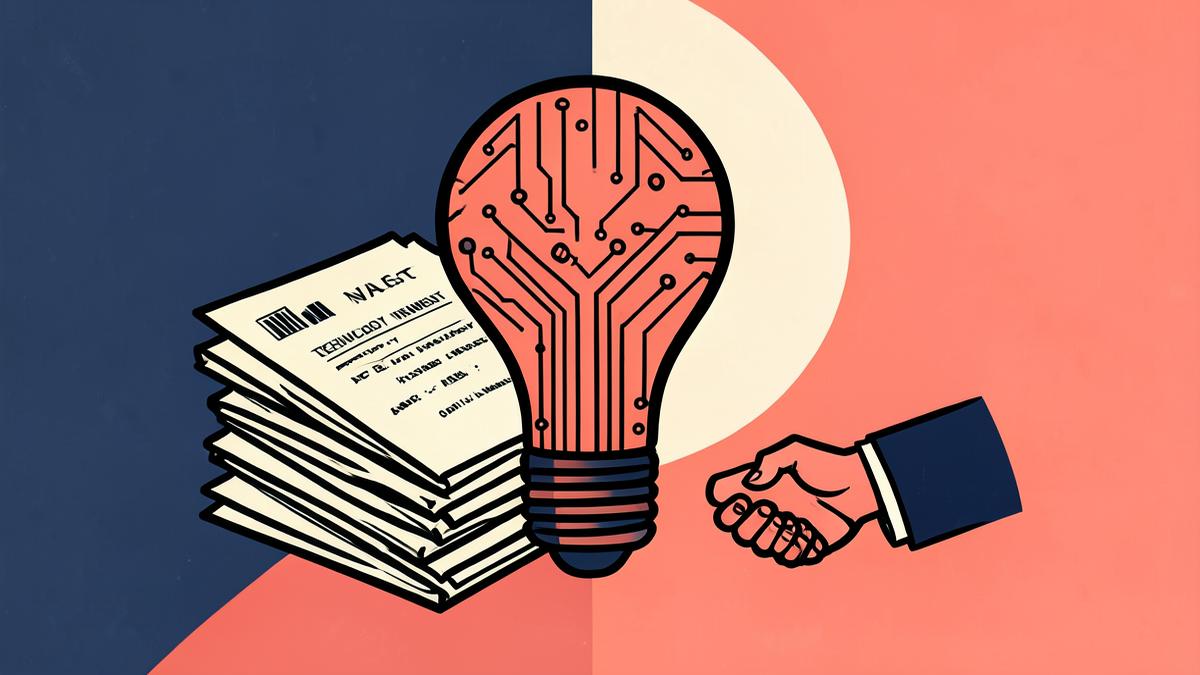 Lightbulb with circuit patterns, patent documents and partnership handshake illustrating IP law firms technology investment and AI debate