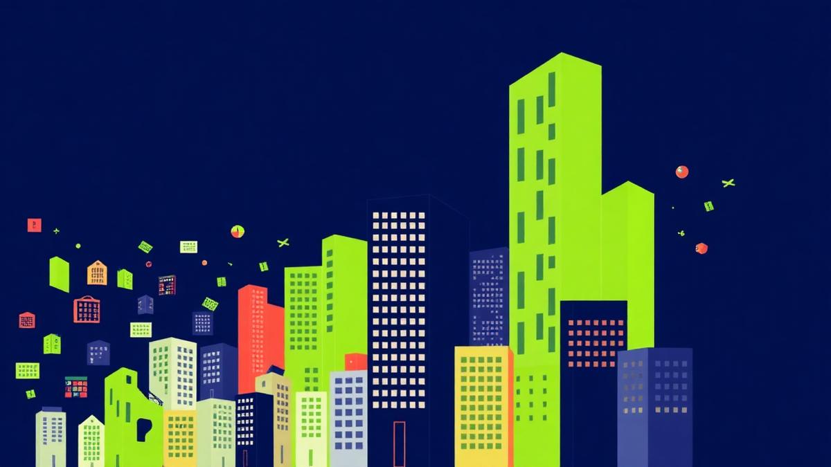 Abstract city skyline showing small law firms merging into larger buildings, illustrating solicitor population growth and law firm consolidation