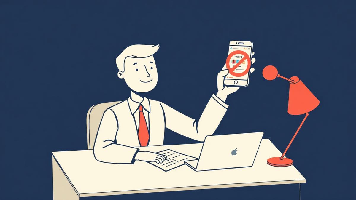 Minimal hand-drawn illustration of a solicitor holding a phone with a cluttered social feed crossed out, supporting an opinion against AI-generated legal marketing graphics