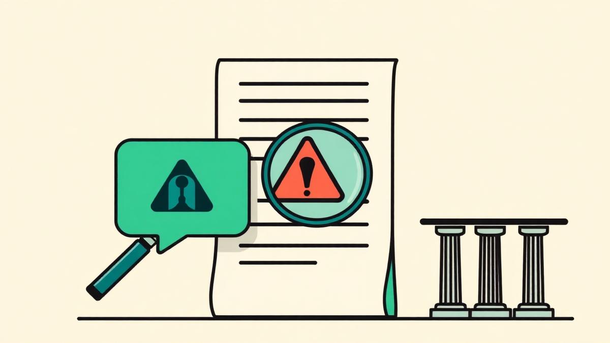 Illustration of AI in law firms under regulatory scrutiny: a legal document, magnifying glass over an AI chat bubble and a warning symbol