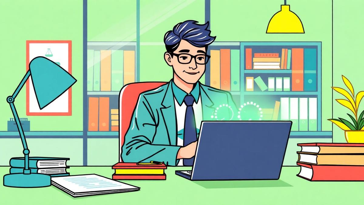 A trainee solicitor working on a laptop in a modern law firm office with an AI interface, illustrating the future of training contracts and junior lawyer roles