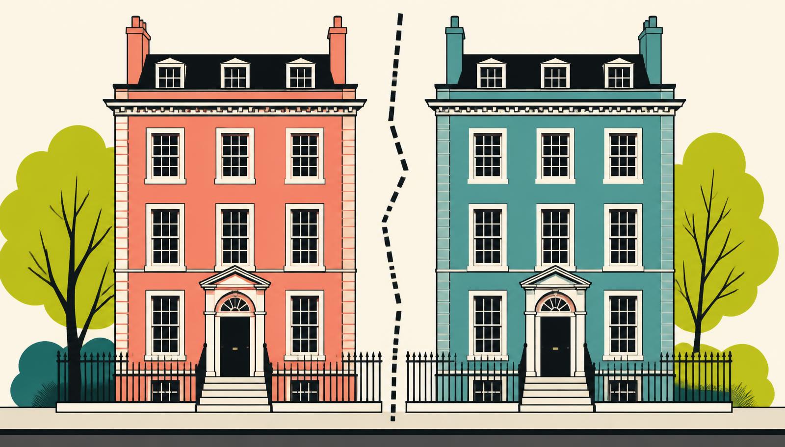 Two Bedford Row law firm offices in Holborn separated by a broken line, illustrating abandoned law firm merger talks